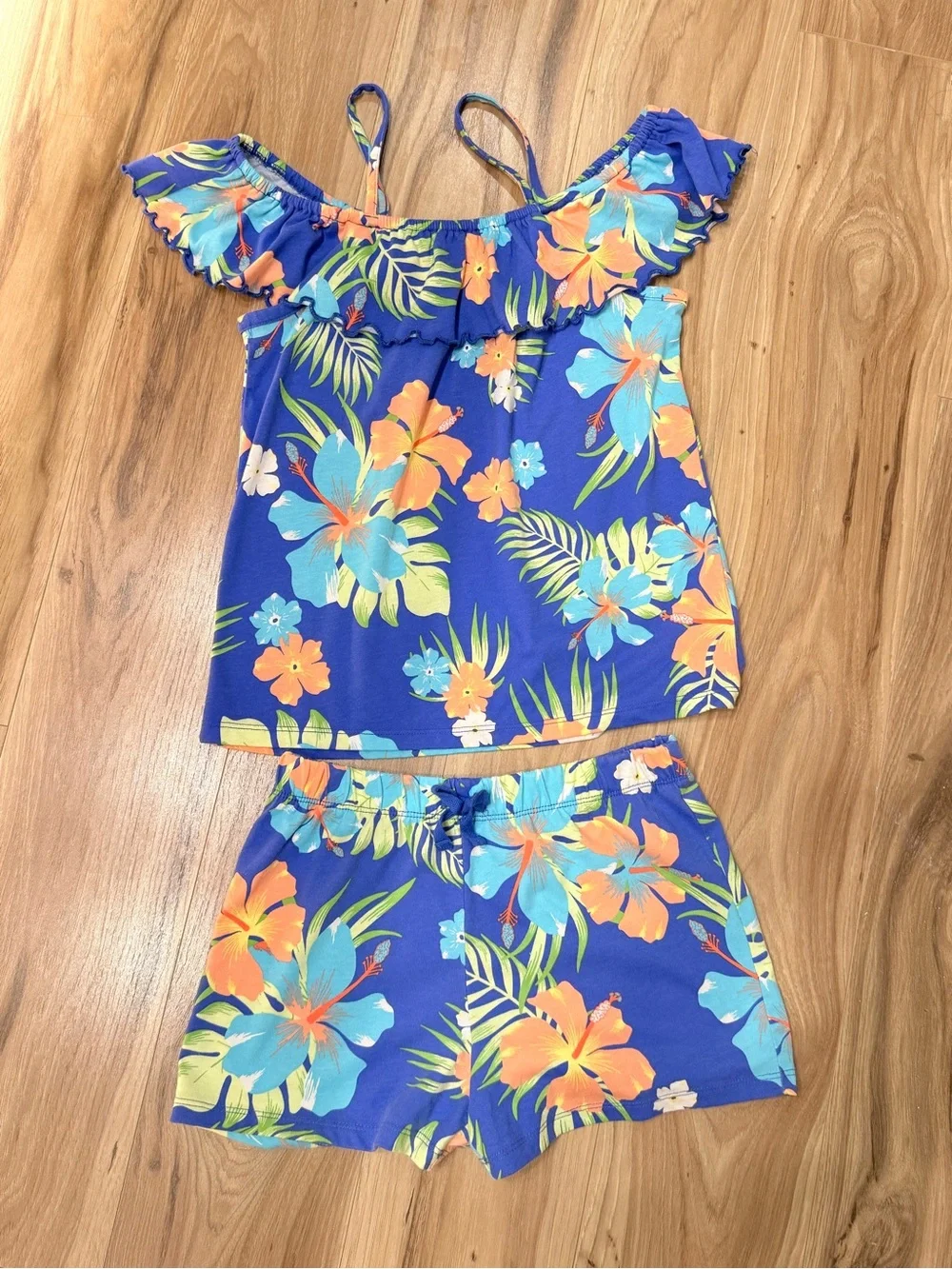 The Children's Place Blue Tropical Floral Ruffle Tank & Shorts Set - Picture 1 of 1